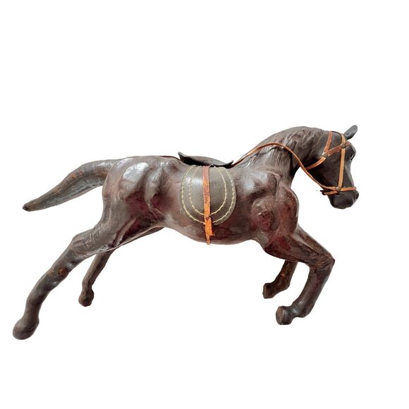 Leather Wrapped Horse Statue Figure 16"L x 10"H Equestrian Equine Glass Eye Vtg - Picture 7 of 16